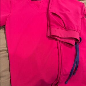 Bright Pink Scrub Set with Blue Accents
